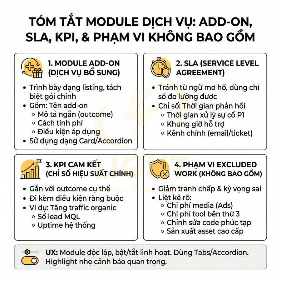 Tóm tắt module dịch vụ add-on SLA KPI và phạm vi không bao gồm trong hợp đồng dịch vụ
