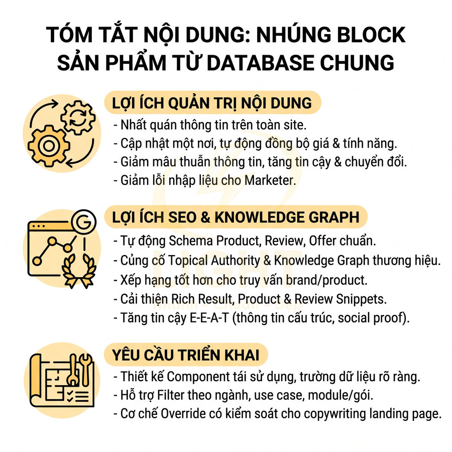 Tóm tắt lợi ích block sản phẩm từ database chung cho quản trị nội dung, SEO, Knowledge Graph và yêu cầu triển khai