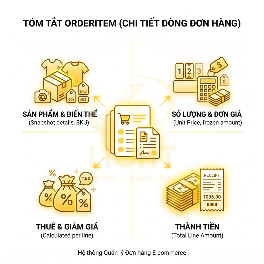 Mô tả chi tiết dòng đơn hàng trong hệ thống quản lý đơn hàng ecommerce gồm sản phẩm giá thuế và thành tiền