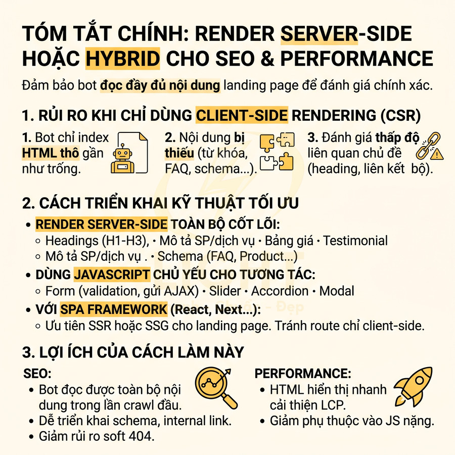 Tóm tắt hướng dẫn render server side hoặc hybrid cho SEO, nêu rủi ro CSR và lợi ích tối ưu hiệu suất website