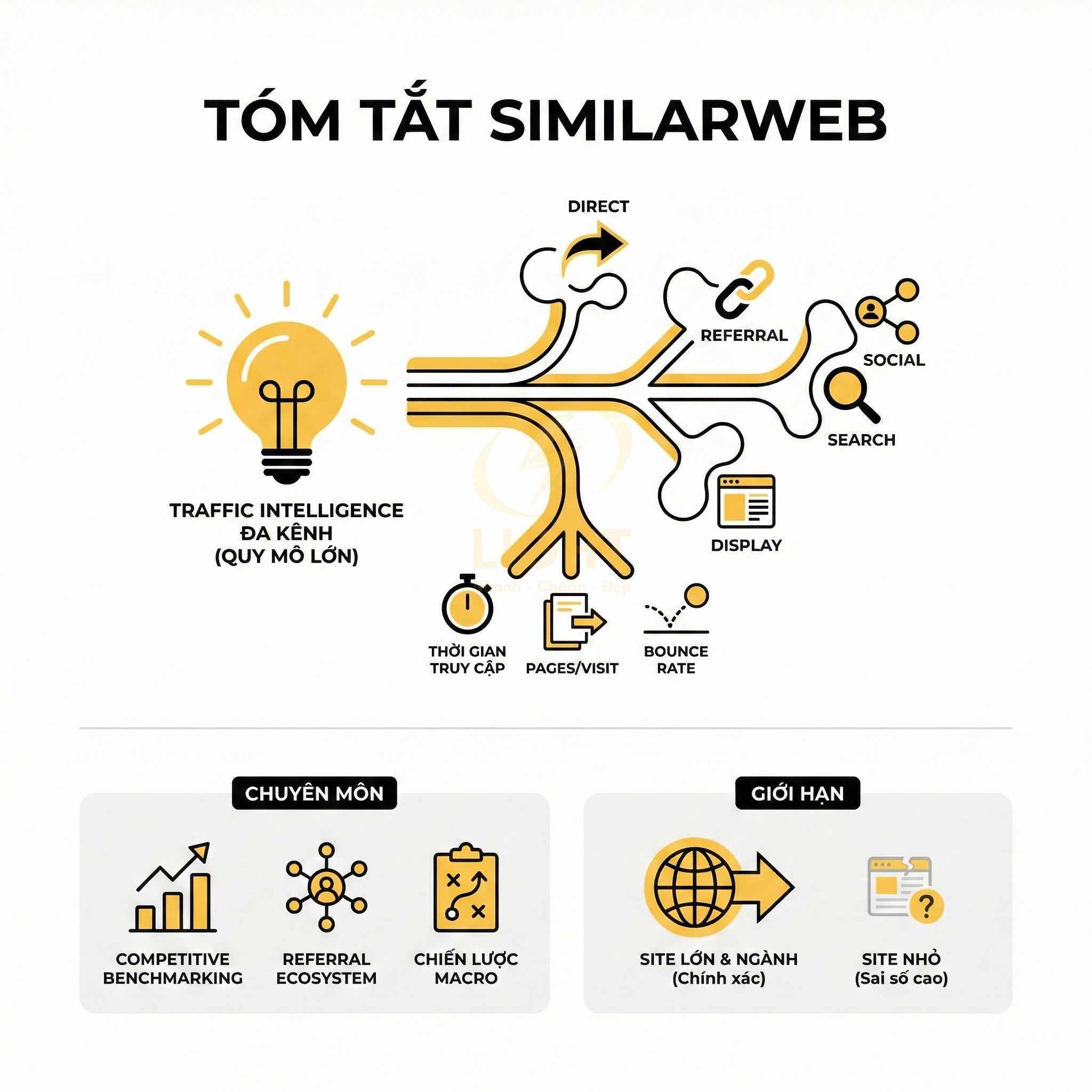 tóm tắt Similarweb với các kênh traffic, chỉ số truy cập và chuyên môn, giới hạn phân tích website