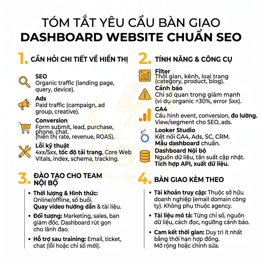 Tóm tắt yêu cầu bàn giao dashboard website chuẩn SEO với các mục hiển thị, tính năng, đào tạo và tài liệu kèm theo