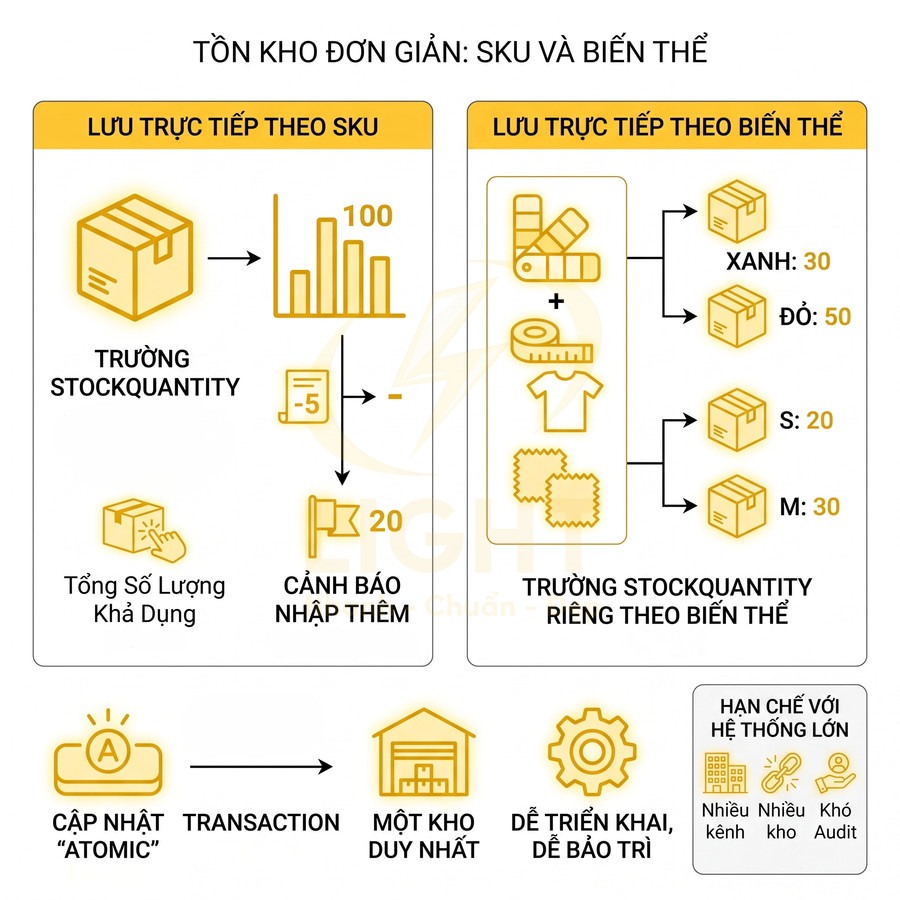 Minh họa quy trình quản lý tồn kho đơn giản theo SKU và biến thể với trường stockquantity và cảnh báo nhập thêm