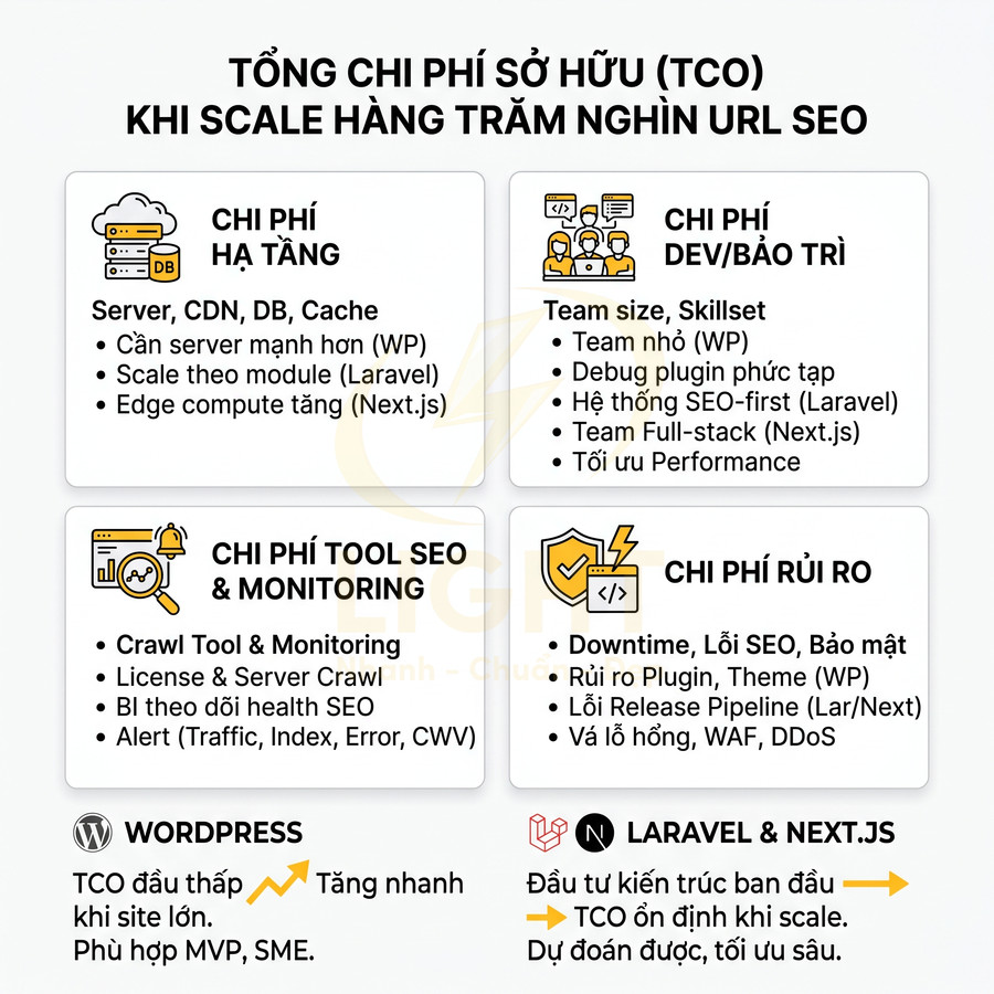 Tổng chi phí sở hữu TCO khi scale hàng trăm nghìn URL SEO trên WordPress, Laravel và Next.js