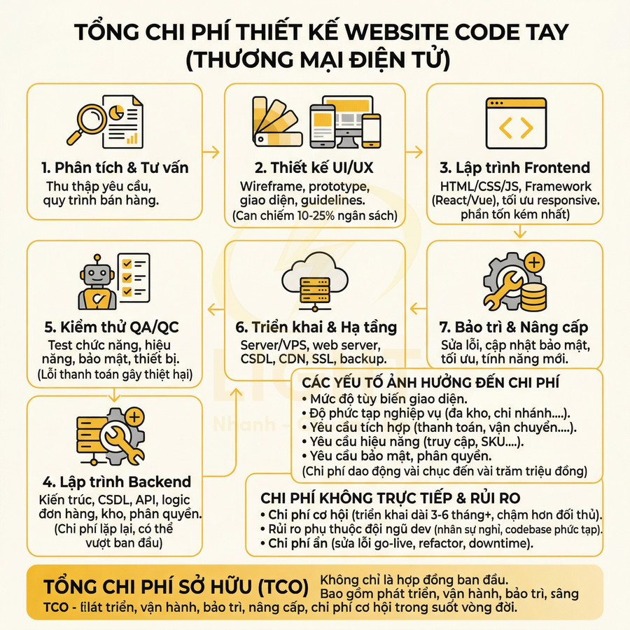 Infographic tổng chi phí thiết kế website thương mại điện tử với các bước từ phân tích, thiết kế, lập trình đến bảo trì