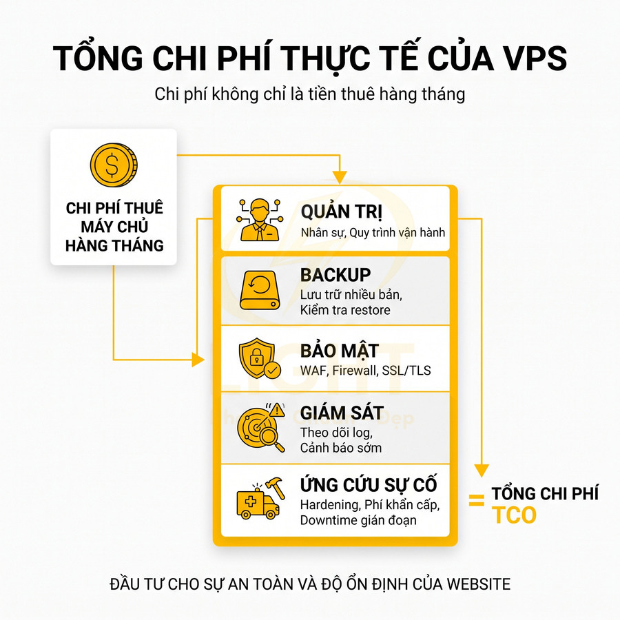 Tổng chi phí thực tế của VPS gồm thuê máy chủ, quản trị, backup, bảo mật, giám sát và ứng cứu sự cố