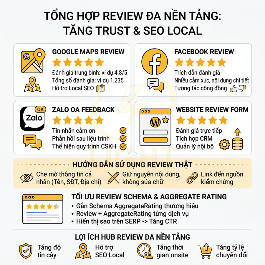 Tổng hợp review đa nền tảng Google Maps Facebook Zalo Website giúp tăng độ tin cậy và SEO Local cho doanh nghiệp