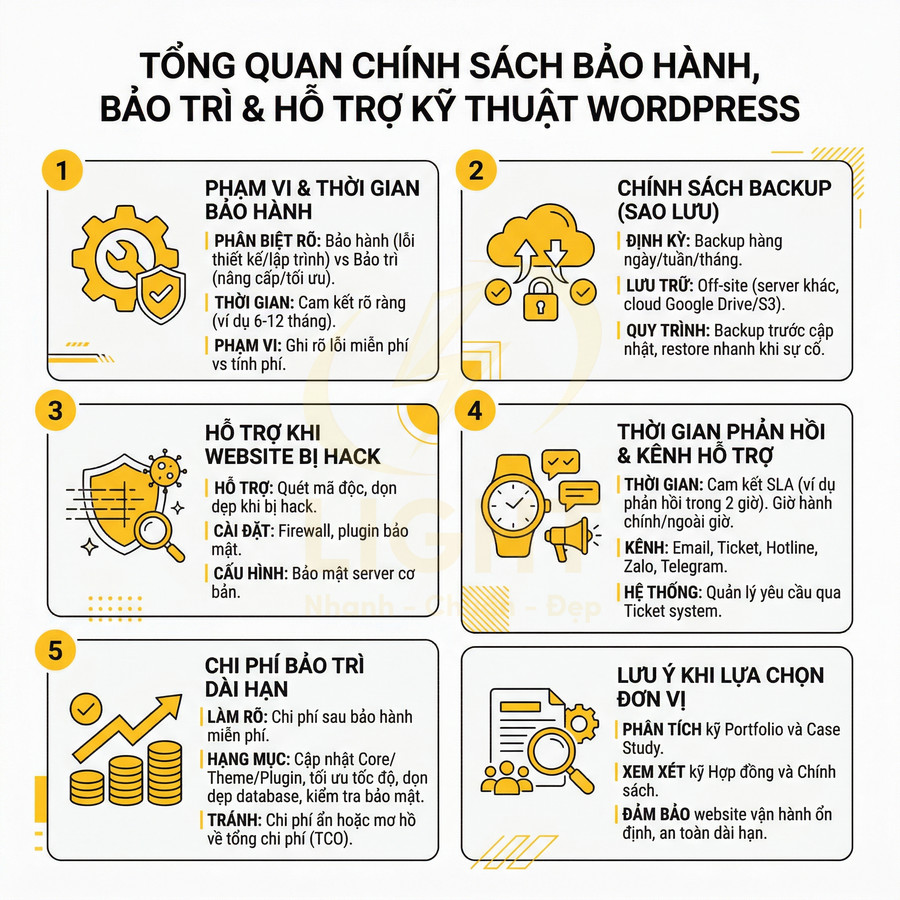 Tổng quan chính sách bảo hành, bảo trì và hỗ trợ kỹ thuật website WordPress với 6 hạng mục chi tiết