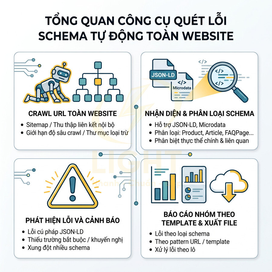 Công cụ quét lỗi schema tự động toàn website với tính năng crawl URL, phát hiện lỗi và báo cáo chi tiết