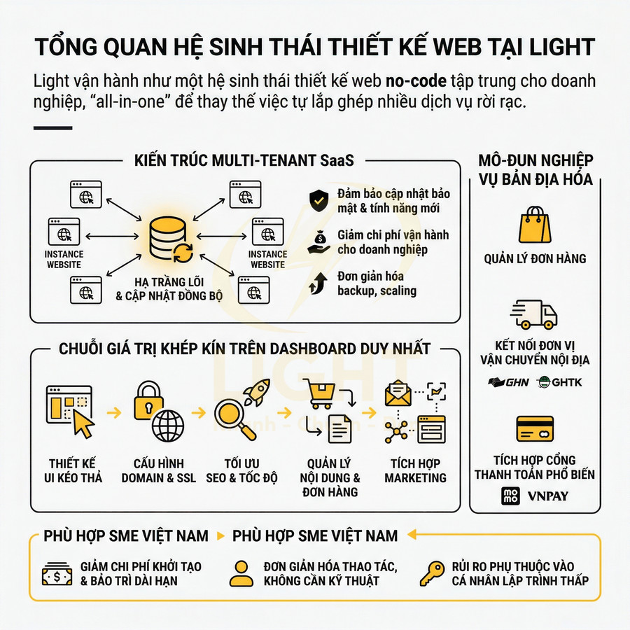 Tổng quan hệ sinh thái thiết kế web no code Light cho doanh nghiệp với kiến trúc SaaS và chuỗi giá trị khép kín
