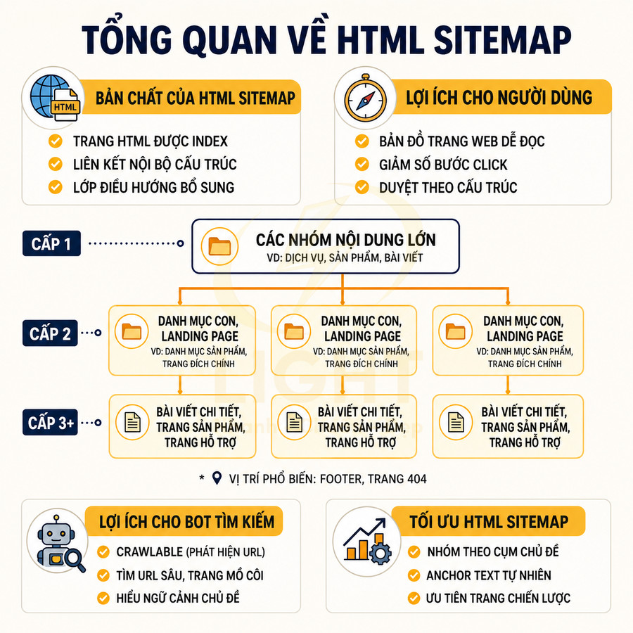 Tổng quan HTML sitemap với cấu trúc cấp bậc, lợi ích cho người dùng và bot tìm kiếm, cách tối ưu sitemap