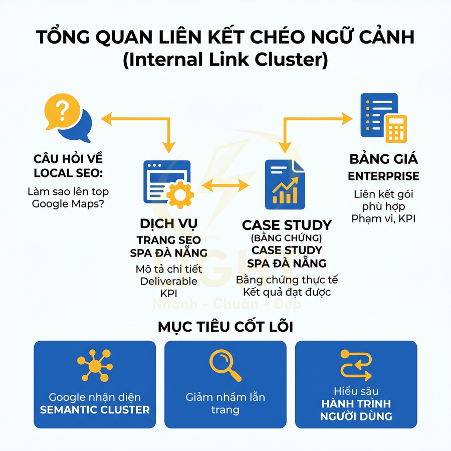 Sơ đồ tổng quan liên kết chéo ngữ cảnh internal link cluster trong chiến lược SEO và mục tiêu cốt lõi