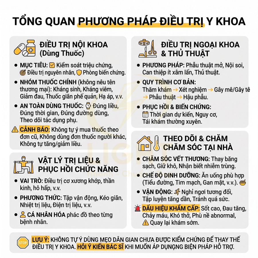 Tổng quan các phương pháp điều trị y khoa gồm dùng thuốc, phẫu thuật, vật lý trị liệu và chăm sóc tại nhà