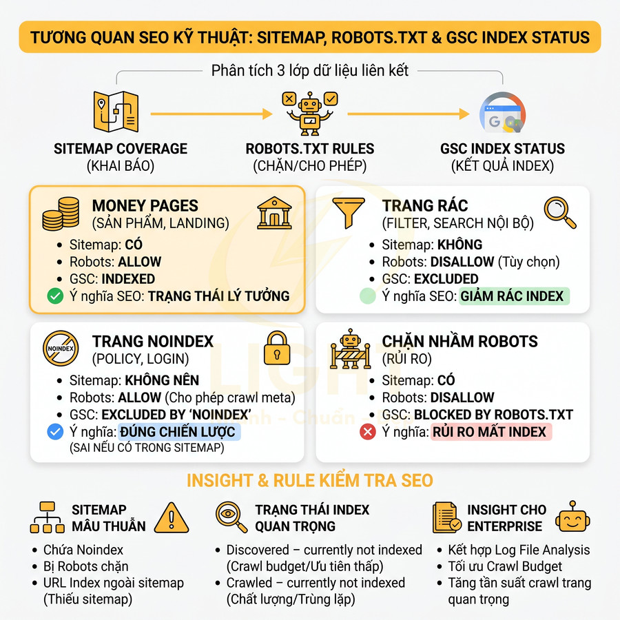 Tổng quan kỹ thuật SEO sitemap robots txt và GSC index status với các trạng thái trang web