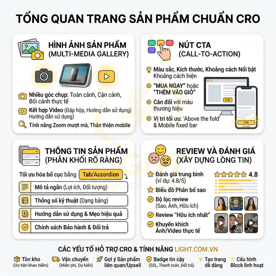 Tổng quan trang sản phẩm chuẩn CRO với hình ảnh, nút CTA, thông tin chi tiết và review đánh giá