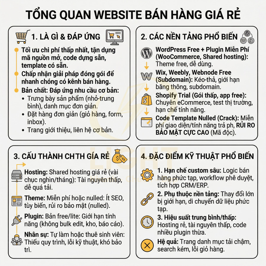 Infographic tổng quan website bán hàng giá rẻ với nền tảng WordPress, Wix, Shopify và các đặc điểm kỹ thuật, chi phí