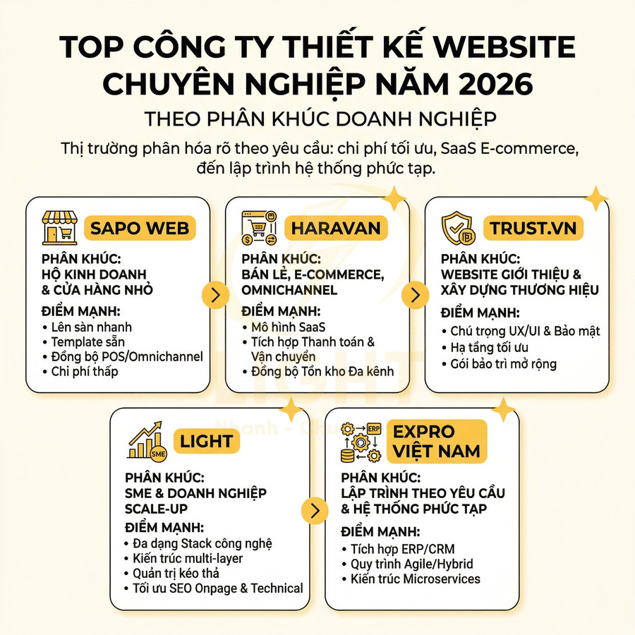 Top công ty thiết kế website chuyên nghiệp 2026: Sapo Web, Haravan, Trust.vn, Light, Expro Việt Nam