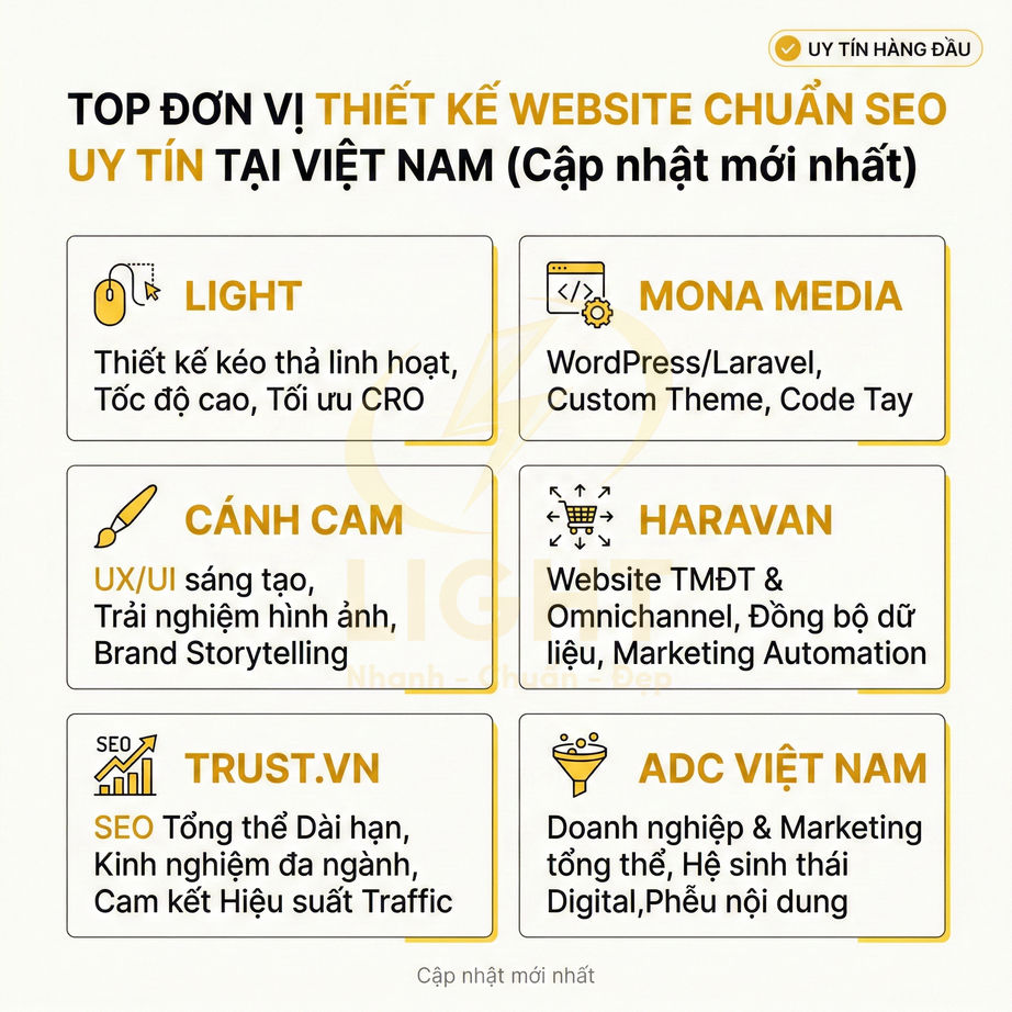 Danh sách top đơn vị thiết kế website chuẩn SEO uy tín tại Việt Nam như Light, Mona Media, Cánh Cam, Haravan, Trust.vn, ADC Việt Nam