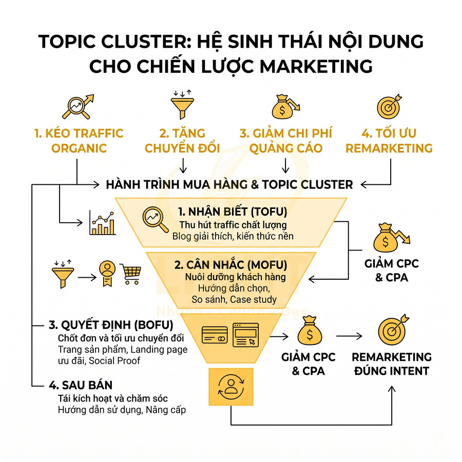Sơ đồ topic cluster hệ sinh thái nội dung marketing theo hành trình mua hàng TOFU MOFU BOFU và sau bán