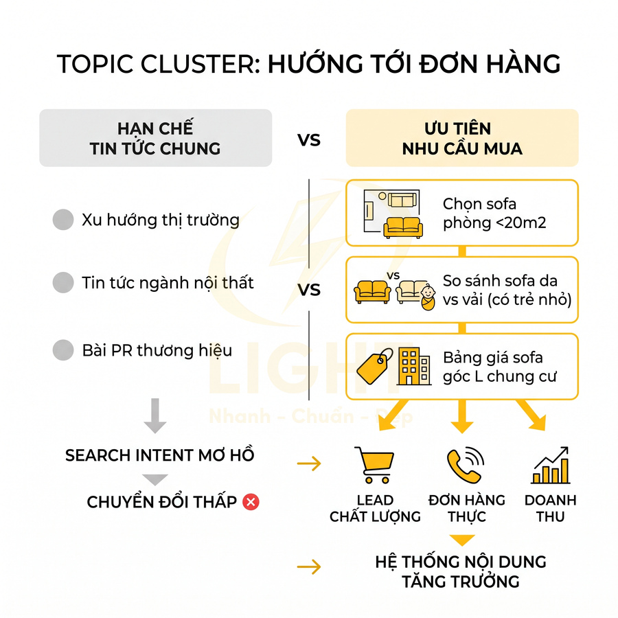 Sơ đồ topic cluster nội dung SEO so sánh tin tức chung và bài viết ưu tiên nhu cầu mua sofa