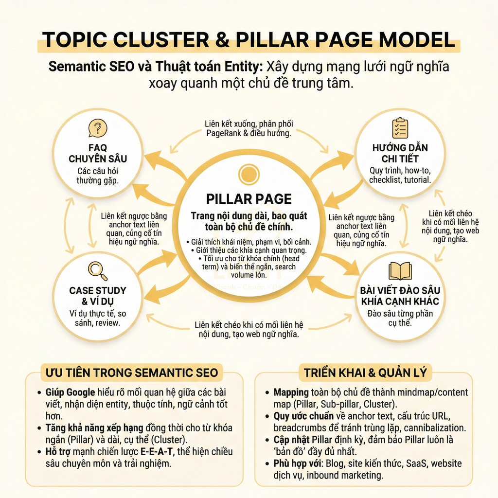 Mô hình topic cluster và pillar page minh họa chiến lược Semantic SEO và cấu trúc liên kết nội dung