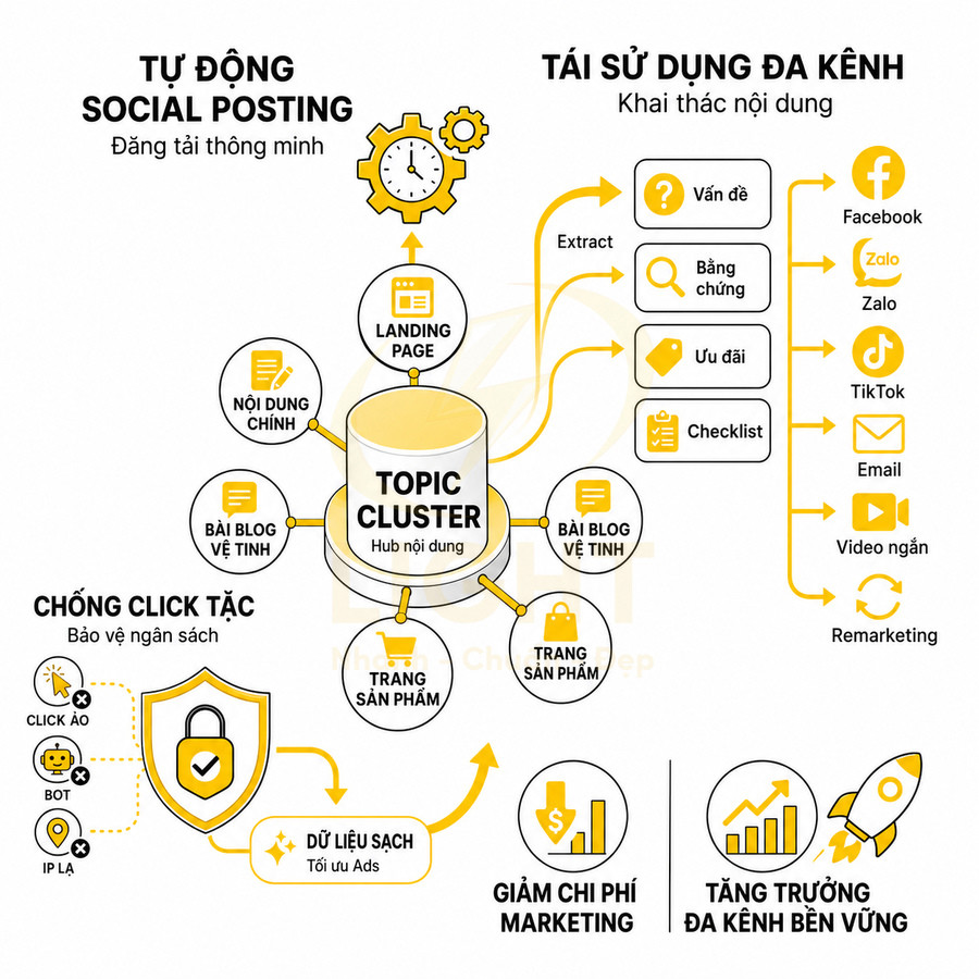 Mô hình topic cluster tối ưu nội dung marketing đa kênh, tự động đăng social và chống click tặc giảm chi phí quảng cáo