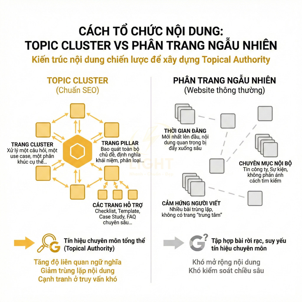 Sơ đồ so sánh tổ chức nội dung topic cluster chuẩn SEO với phân trang ngẫu nhiên trên website