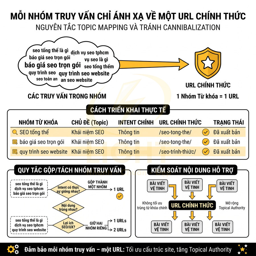 Sơ đồ topic mapping SEO, nhóm truy vấn về một URL chính thức để tránh cannibalization và tối ưu cấu trúc website