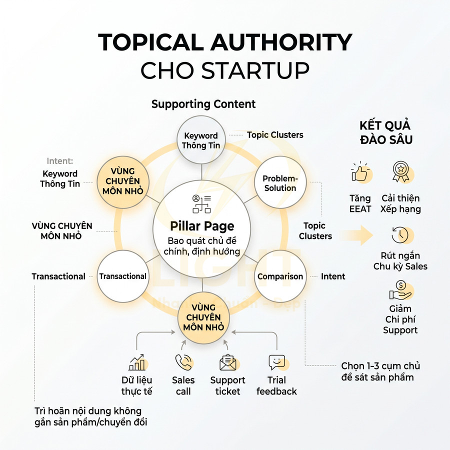 Sơ đồ Topical Authority cho startup với pillar page, topic cluster và vùng chuyên môn nhỏ tối ưu nội dung SEO