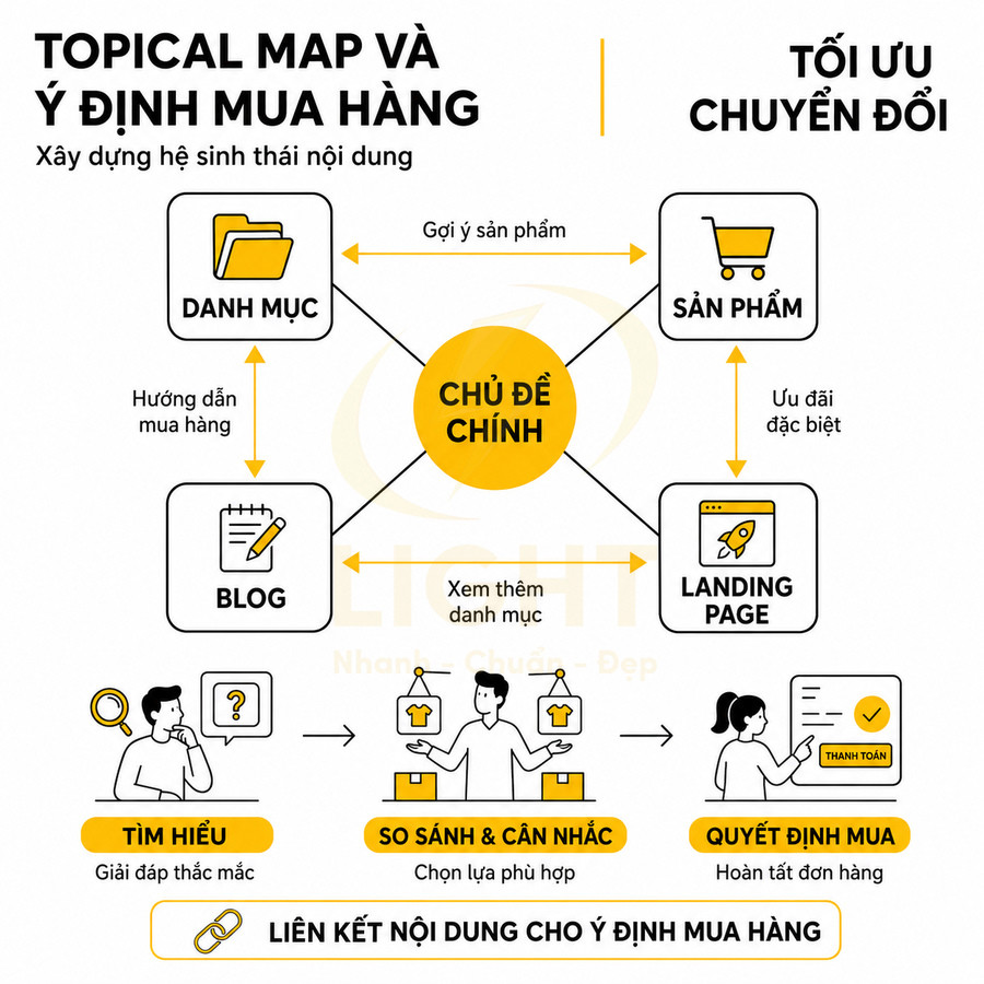 Sơ đồ topical map và hành trình ý định mua hàng từ tìm hiểu đến quyết định mua và tối ưu chuyển đổi