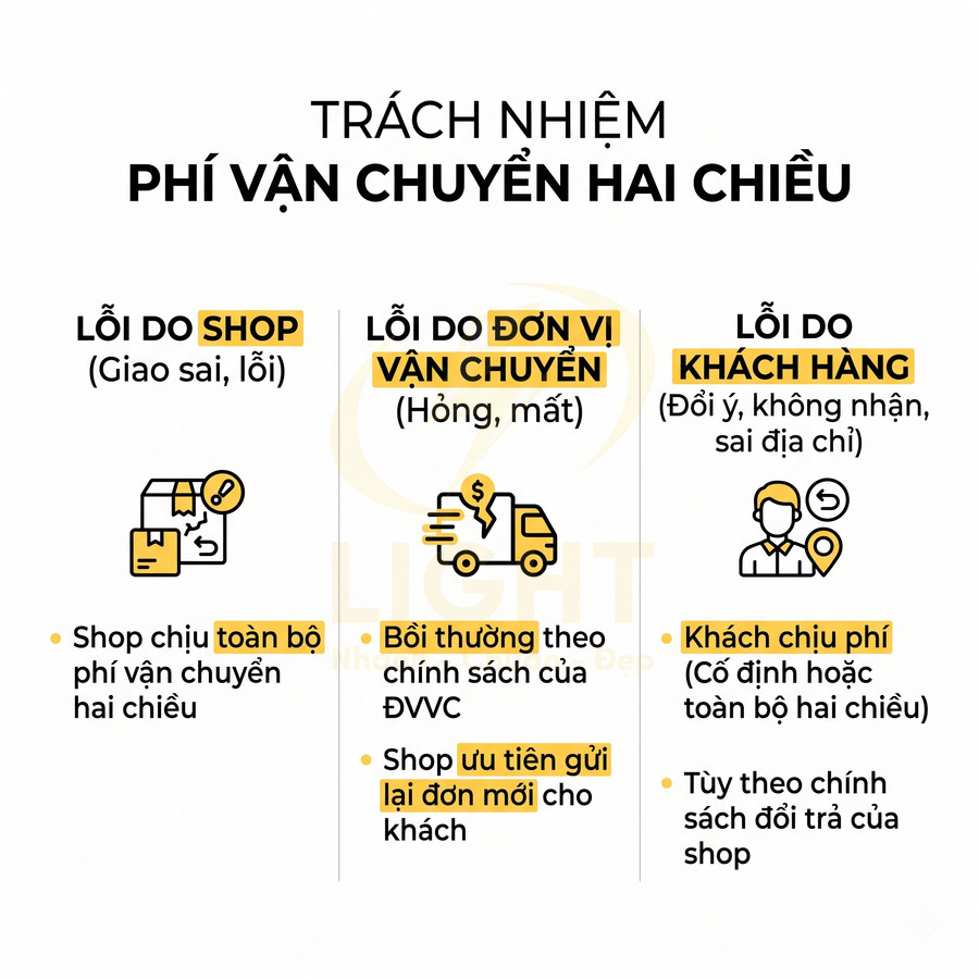 Chính sách trách nhiệm phí vận chuyển hai chiều của shop theo từng trường hợp lỗi giao hàng
