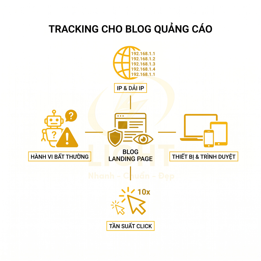 Sơ đồ tracking cho blog quảng cáo với các yếu tố IP, thiết bị, hành vi bất thường và tần suất click