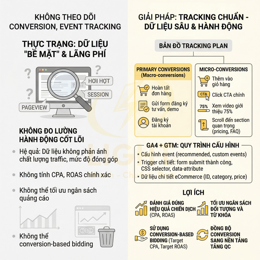 Infographic so sánh không theo dõi conversion với giải pháp tracking chuẩn bằng GA4 và Google Tag Manager