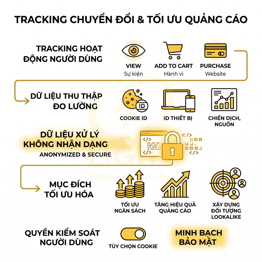 Sơ đồ quy trình tracking chuyển đổi và tối ưu quảng cáo với thu thập, ẩn danh dữ liệu và minh bạch bảo mật