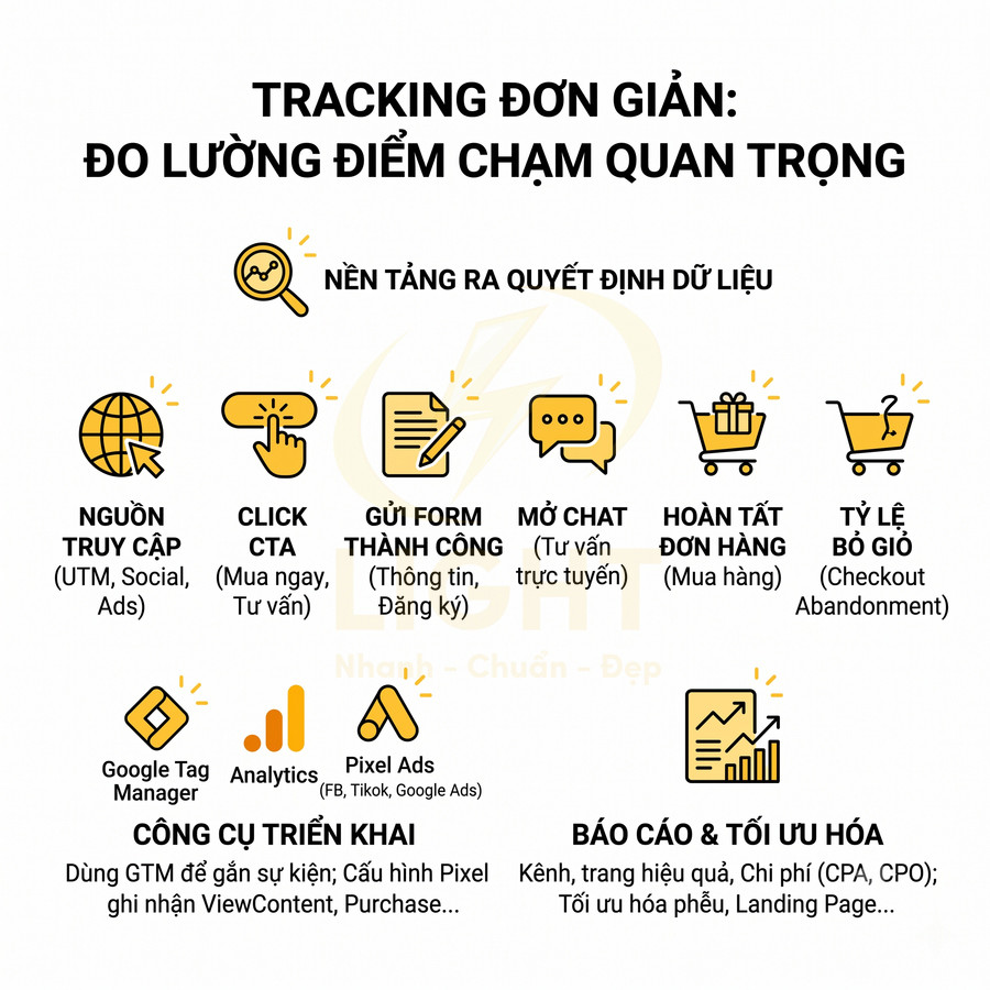 Tracking đơn giản đo lường điểm chạm quan trọng trong marketing online và công cụ triển khai, báo cáo tối ưu hóa