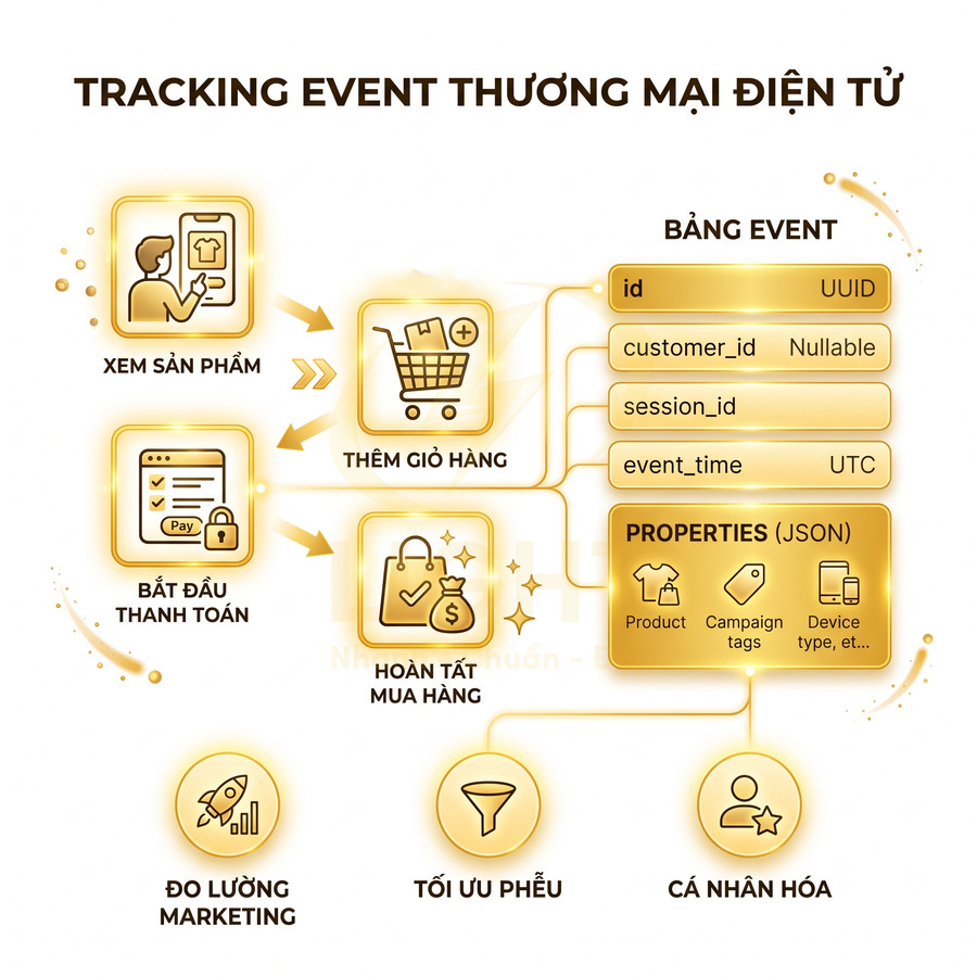 Sơ đồ tracking event thương mại điện tử từ xem sản phẩm đến hoàn tất mua hàng và đo lường marketing