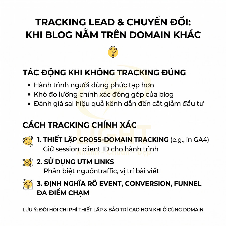 Hướng dẫn tracking lead và chuyển đổi khi blog nằm trên domain khác với cross domain tracking, UTM và định nghĩa event