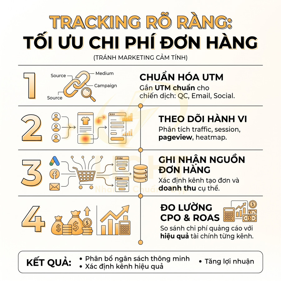 Infographic quy trình tracking tối ưu chi phí đơn hàng với chuẩn hóa UTM, theo dõi hành vi và đo lường CPO ROAS