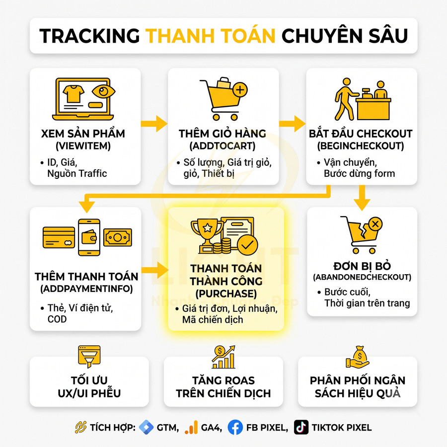 Sơ đồ các bước tracking thanh toán chuyên sâu trong ecommerce từ xem sản phẩm đến thanh toán thành công
