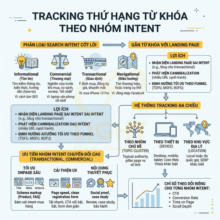 Infographic tracking thứ hạng từ khóa theo nhóm search intent và hệ thống tracking đa chiều trong SEO