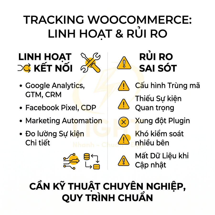 Tracking WooCommerce linh hoạt kết nối nhưng tiềm ẩn rủi ro sai sót, cần kỹ thuật chuyên nghiệp và quy trình chuẩn