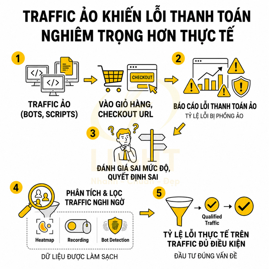 Infographic quy trình lọc traffic ảo để đo đúng tỷ lệ lỗi thanh toán trong thương mại điện tử