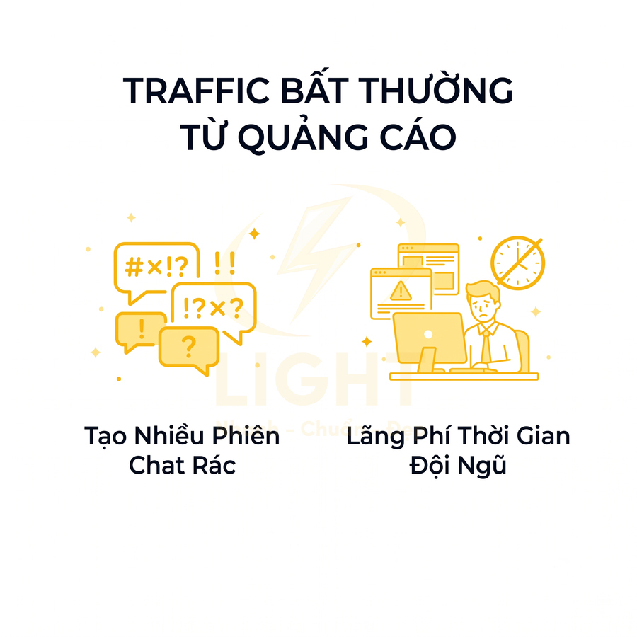 Minh họa traffic bất thường từ quảng cáo gây nhiều phiên chat rác và lãng phí thời gian đội ngũ marketing