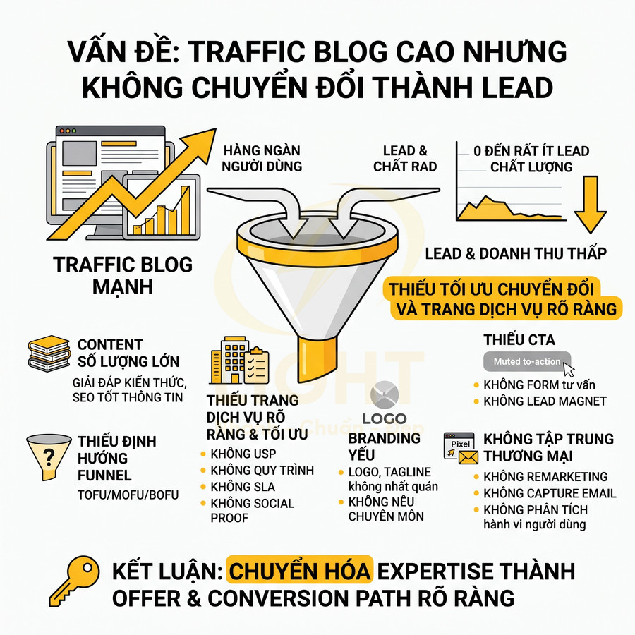 Infographic mô tả vấn đề traffic blog cao nhưng không chuyển đổi thành lead và giải pháp tối ưu funnel, CTA, trang dịch vụ