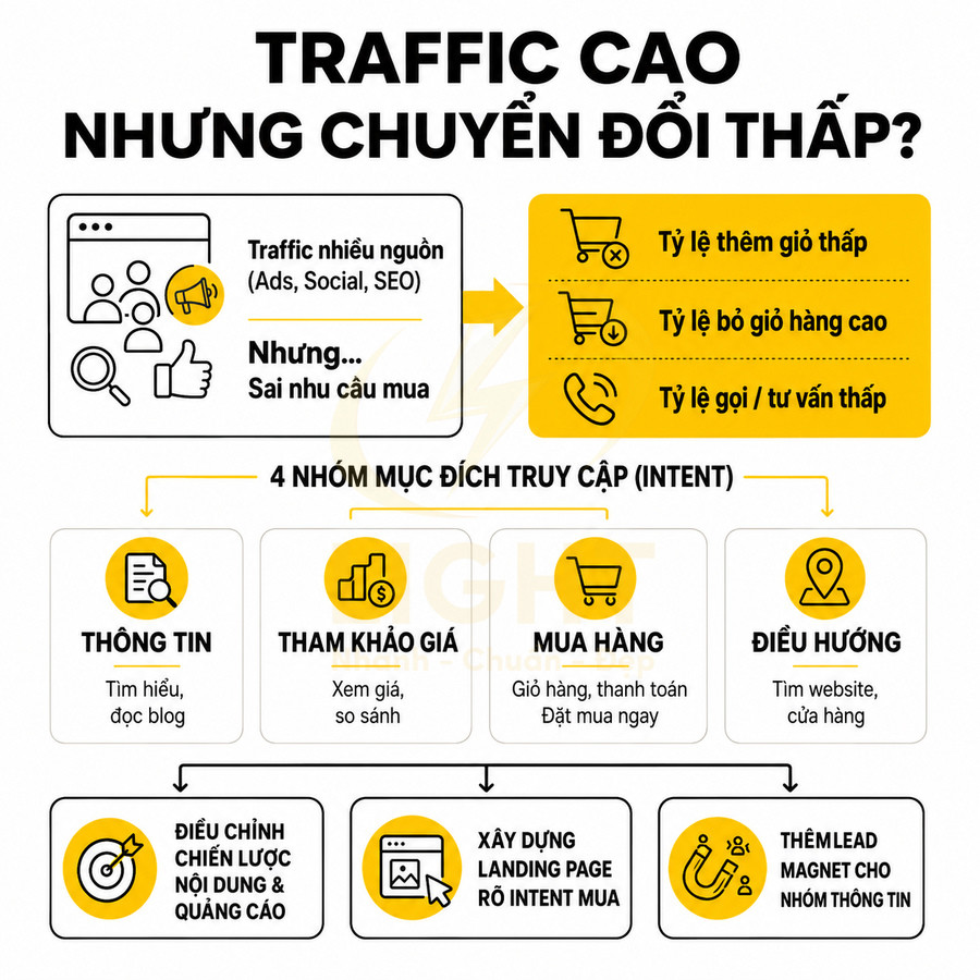 Infographic giải thích lý do traffic cao nhưng chuyển đổi thấp và 4 nhóm mục đích truy cập website