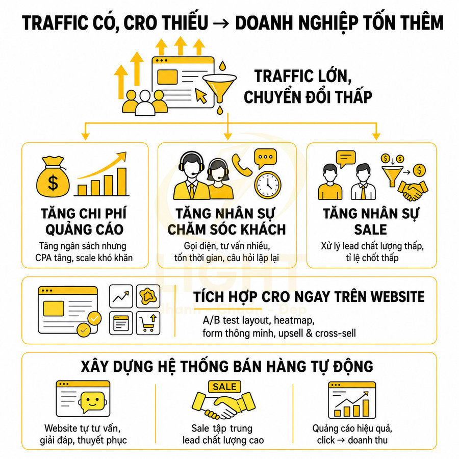 Infographic về traffic lớn nhưng chuyển đổi thấp và giải pháp tối ưu CRO, xây dựng hệ thống bán hàng tự động trên website