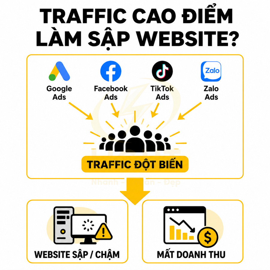 Minh họa traffic đột biến từ Google Ads, Facebook Ads, TikTok Ads, Zalo Ads khiến website sập chậm và mất doanh thu