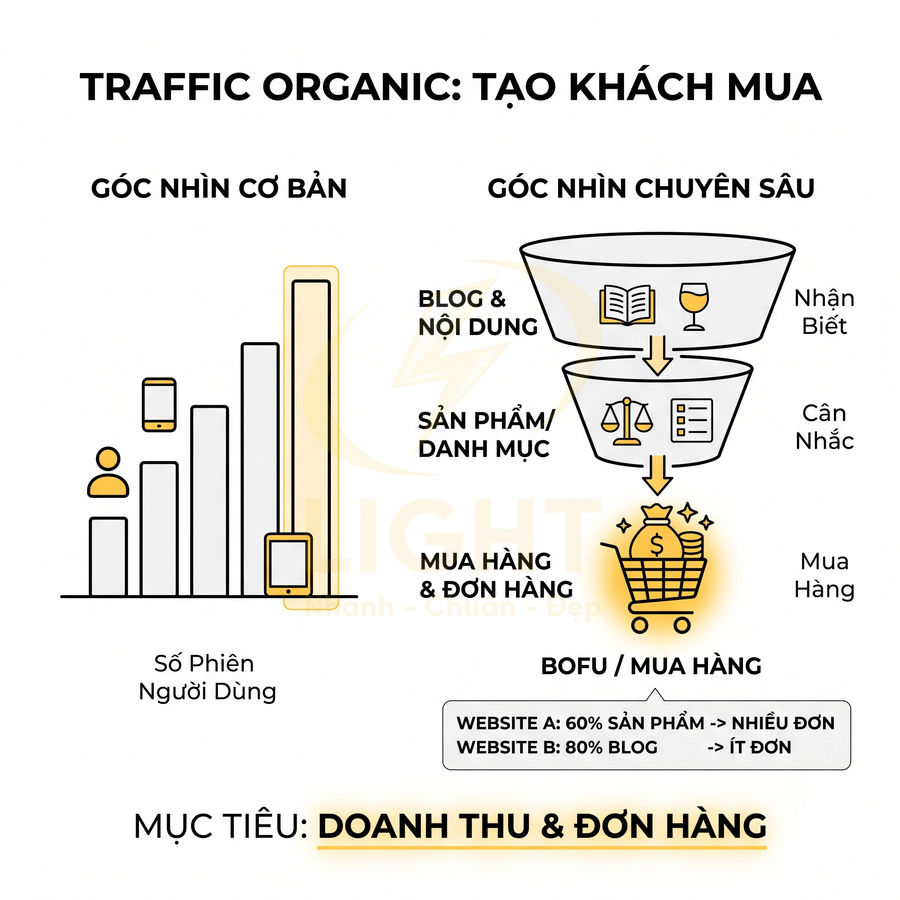 Mô hình phễu marketing minh họa traffic organic chuyển đổi thành doanh thu và đơn hàng online