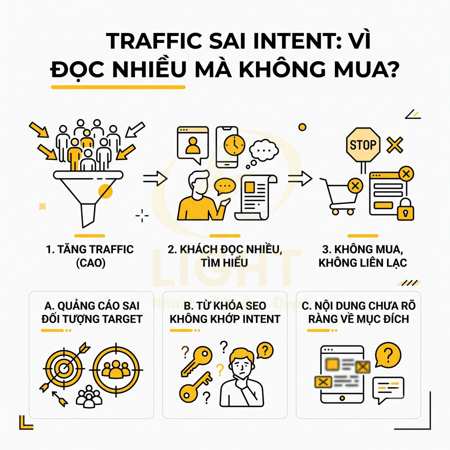 Infographic giải thích nguyên nhân traffic sai intent khiến khách đọc nhiều nhưng không mua trong marketing online