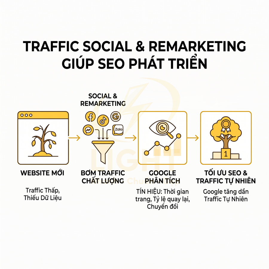 Quy trình dùng traffic social và remarketing để bơm traffic chất lượng, Google phân tích và tối ưu SEO, tăng traffic tự nhiên